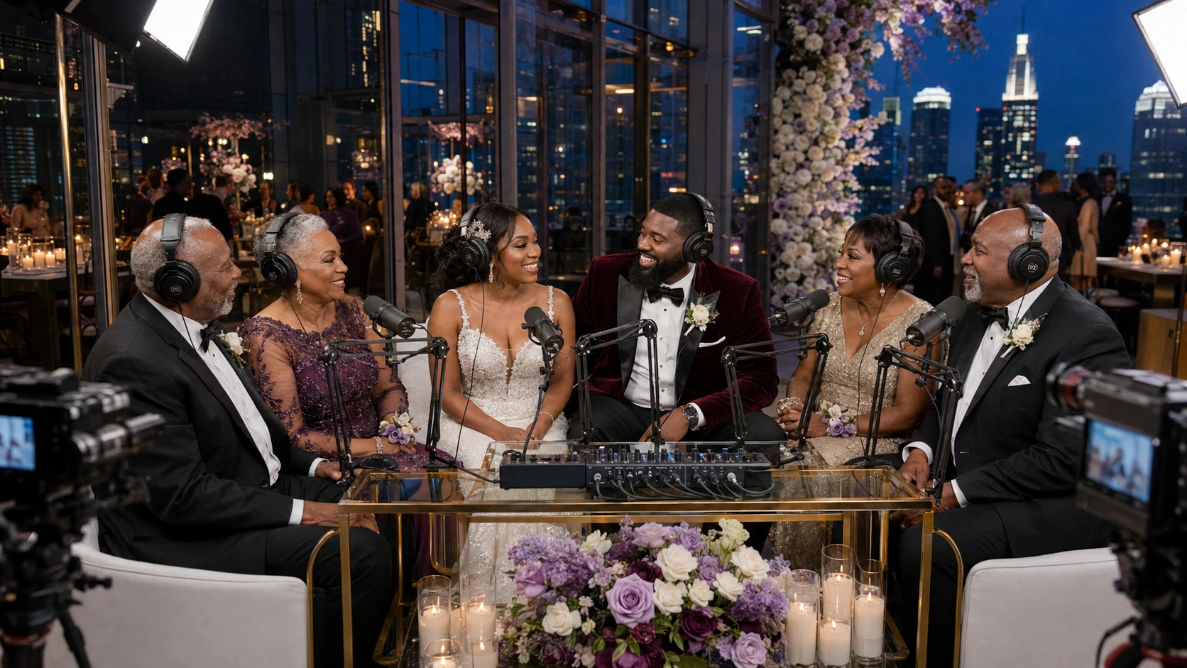 A city rooftop wedding podcast with parents and newlyweds