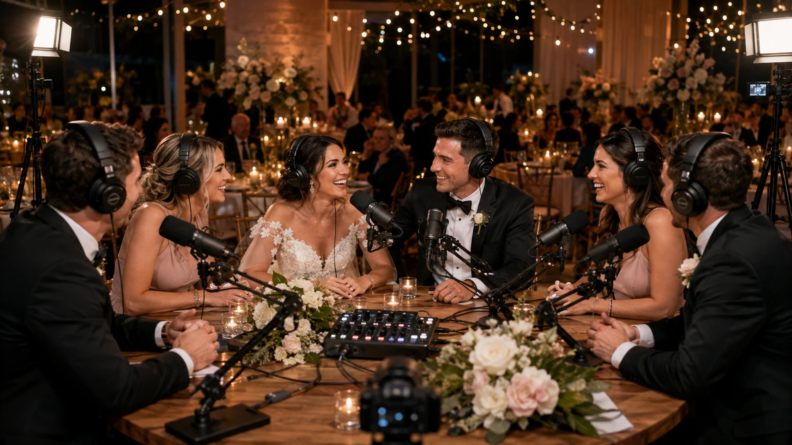 Guests sharing a wedding podcast conversation