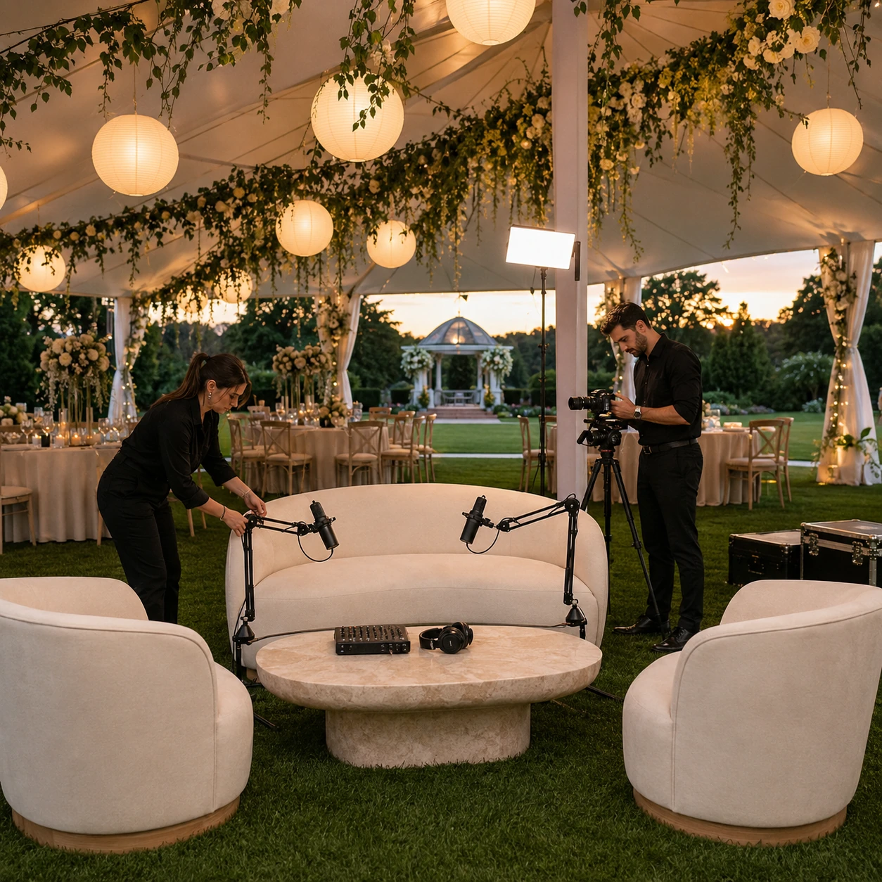 Our crew preparing a garden wedding podcast studio